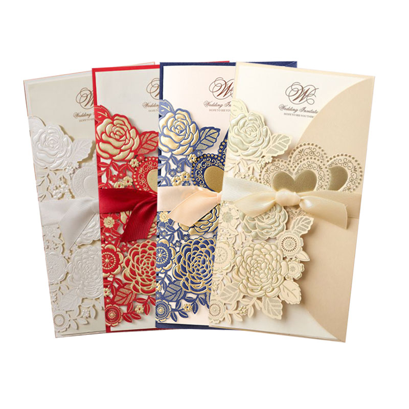 Wedding Supply Business - 5/10個レーザーカット結婚式の招待状カード愛のハートカスタマイズグリーティングカードとリボンの結婚式のパーティー用品