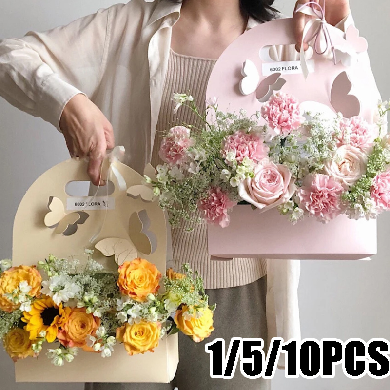 Wedding Hampers - 1/5/10 個蝶フラワーボックスハンドフラワーバスケット紙フラワーボックスフラワーアレンジメントバッグ花の包装ギフトボックス