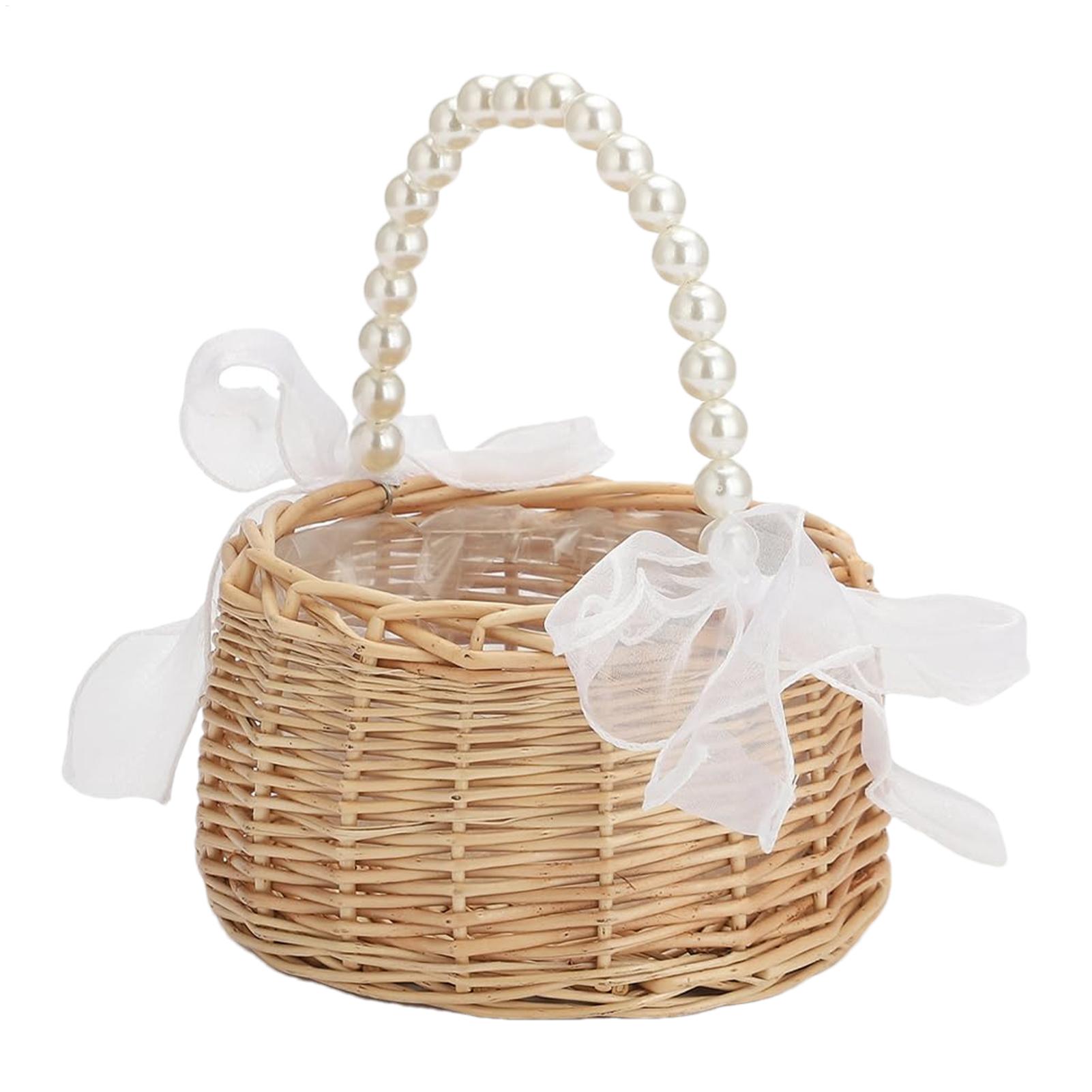 Wedding Hampers - 1つの籐製フラワーチャイルドバスケット、パールハンドルとリボン付き、手編み、グリーティングカード、ブライズメイド、デコレーション、ホーム用