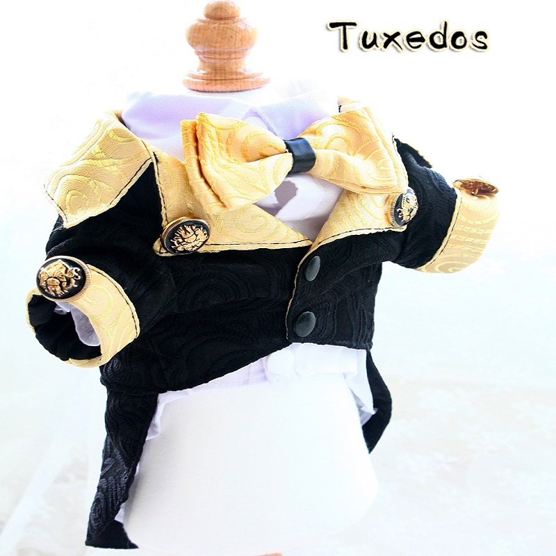 Suitsupply Wedding Tuxedo - 手作りの犬の服,豪華なペット用品,結婚式のジャケット,シャツ,黒と金の弓,美しいネクタイ,手作り