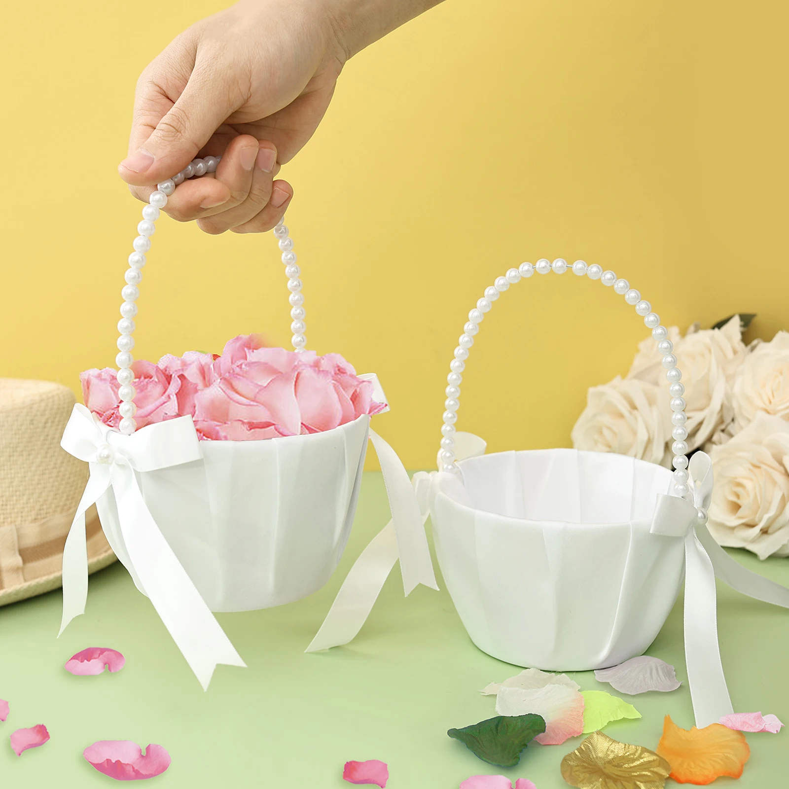 Wedding Hampers - 2個セット ウェディングフラワーガールバスケット 蝶結びサテン ウェスタンラスティック風 フェイクパールハンドル付き 花嫁/子供用