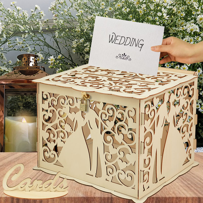 Wedding Supply Rentals - 結婚式の木製ギフトカードボックス ロック付き 中空ミスター&ミセスフラワーパターン封筒サインカード木箱DIY素朴なウェディング用品