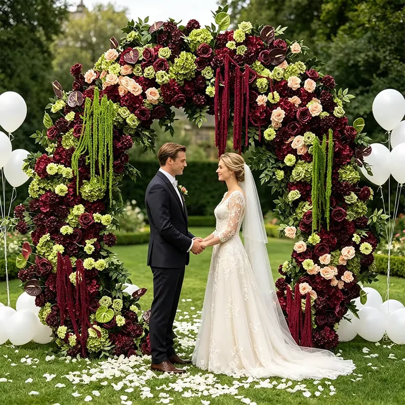 バーガンディセージグリーンのトレーリングタッセル付きウェディ - Wedding Arch Flower のレビューと価格