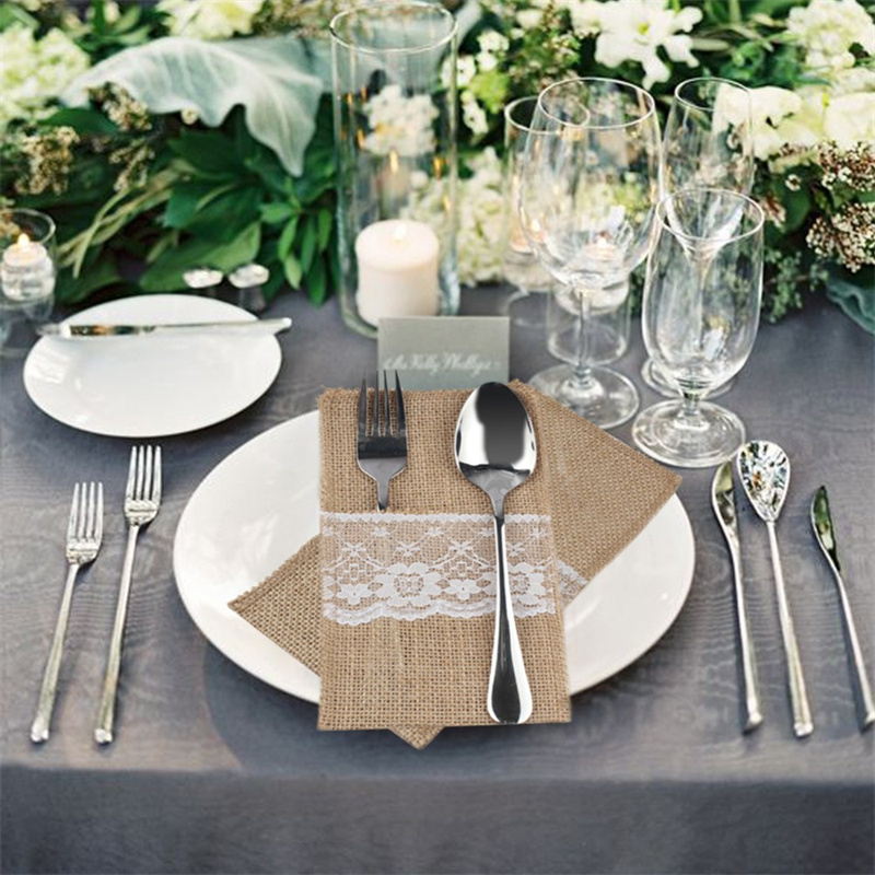黄麻布レースカトラリーポーチヘシアン素朴なジュート食器ナイフ - Wedding Supply Rentals のレビューと価格