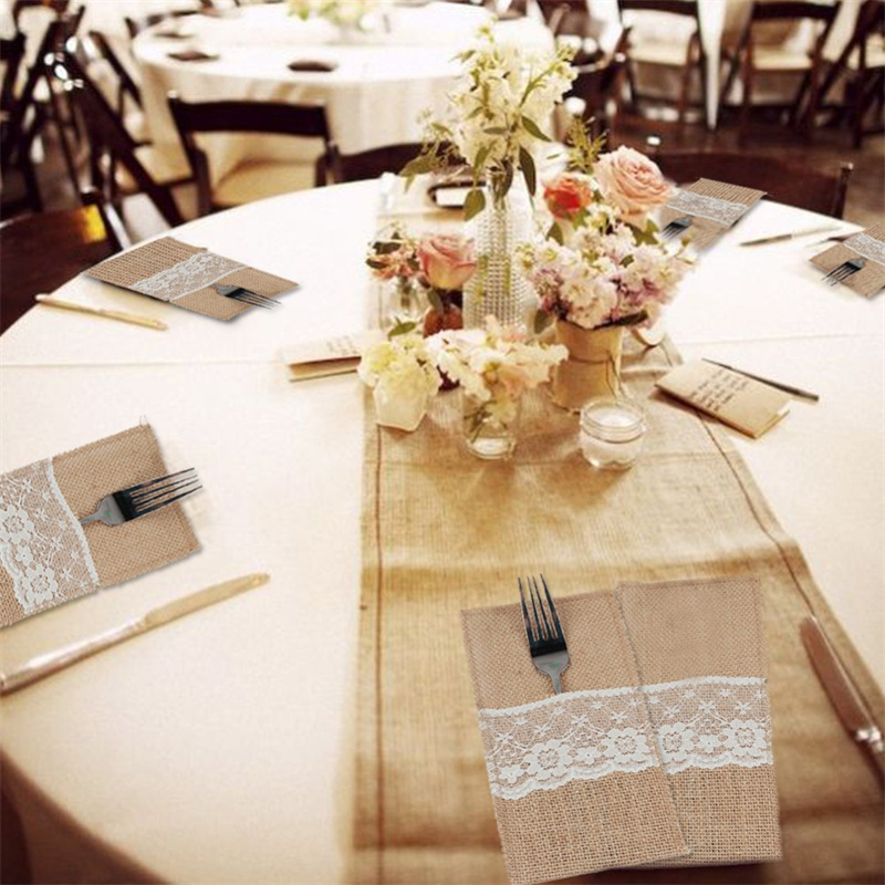 黄麻布レースカトラリーポーチヘシアン素朴なジュート食器ナイフ - Wedding Supply Rentals のレビューと価格