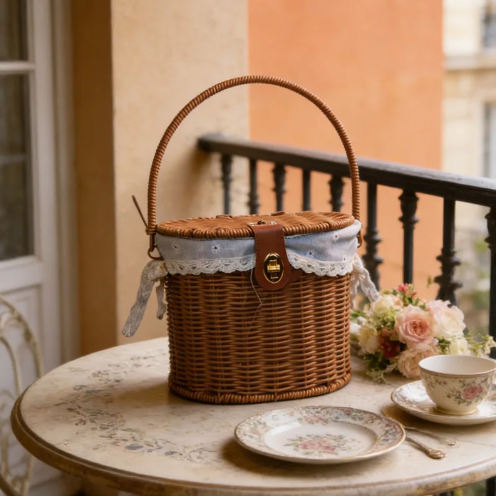 手編みの蓋付きバスケット、ロックハンドル付き、丸型収納オーガ - Wedding Hampers のレビューと価格