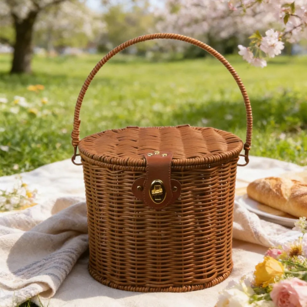 手編みの蓋付きバスケット、ロックハンドル付き、丸型収納オーガ - Wedding Hampers のレビューと価格