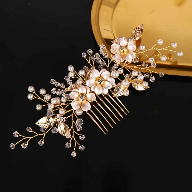 女性のための手作りの金と花のヘアバンド,真珠,ラインストーン - Wedding Supply Store のレビューと価格